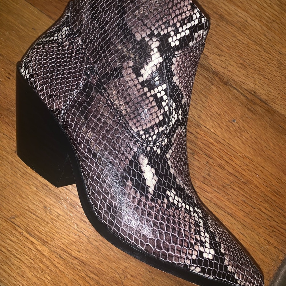 Vince Camuto western style bootie taupe snakeskin